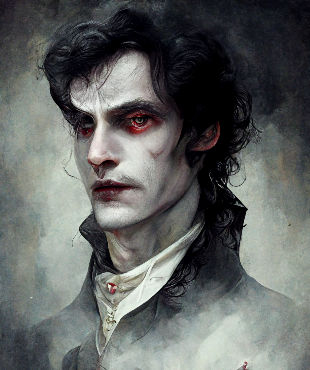 Tekoälyn kuvittelema kuva byronilaisesta sankarista vampyyrin hahmossa. Kuva: Asko Nivala / Midjourney.ai.